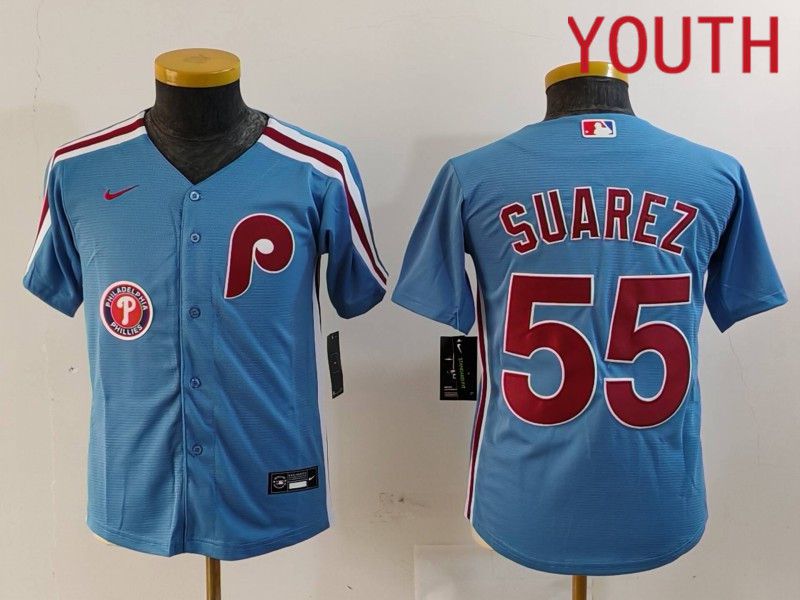 Youth Philadelphia Phillies #55 Suarez Blue Throwback 2024 Nike MLB Jersey style 3->youth mlb jersey->Youth Jersey